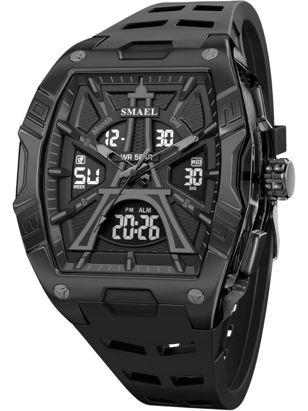 Men's Black Tonneau Analog Digital LED Backlight Stopwatch Silicone Band Watch